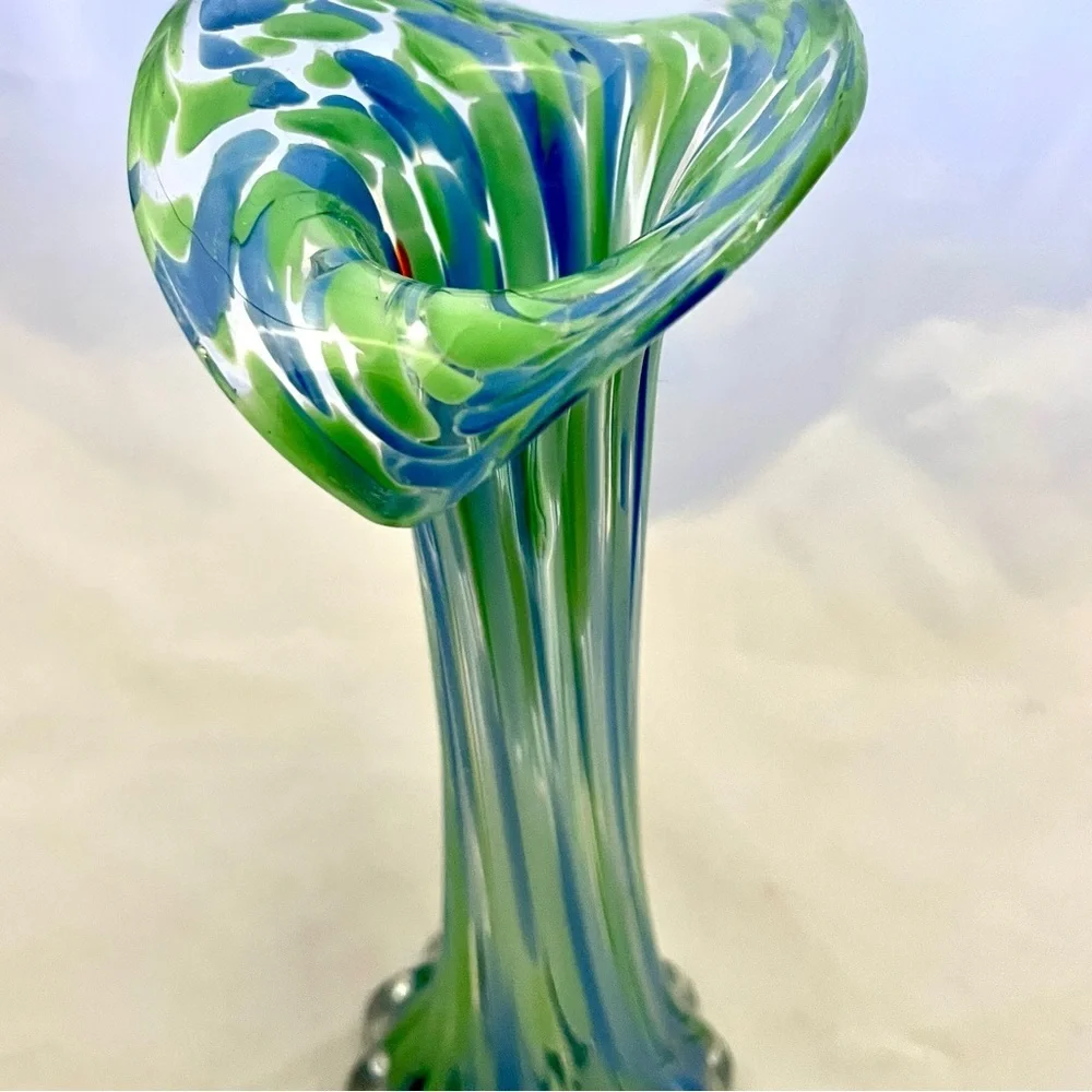 Hand Blown Stretch Glass Vase Jack In The Pulpit Blue Green, EUC